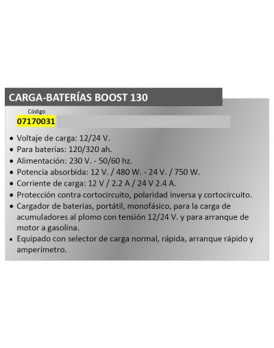 Cargabaterias Boost-130  Con Arrancador 12/24 V. 120-320 Amperios