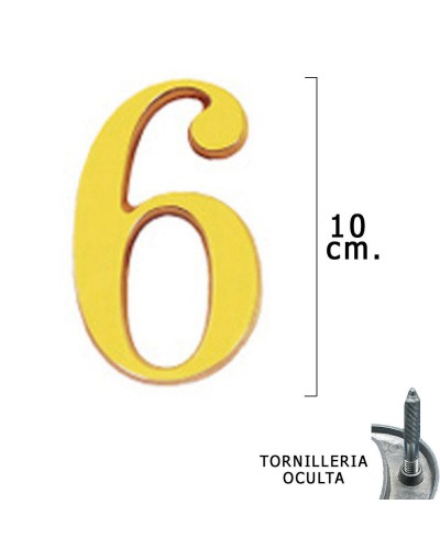 Numero Latón "6" 10 cm. con Tornilleria Oculta (Blister 1 Pieza)