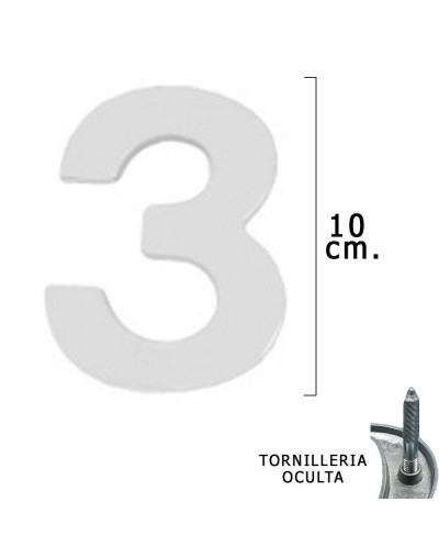 Numero Metal "3" Plateado Mate 10 cm. con Tornilleria Oculta (Blister 1 Pieza)