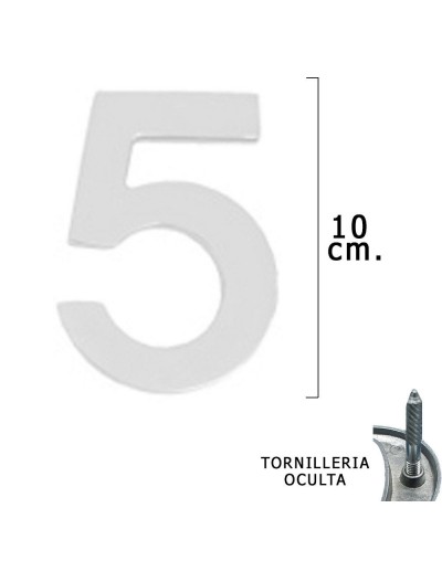 Numero Metal "5" Plateado Mate 10 cm. con Tornilleria Oculta (Blister 1 Pieza)