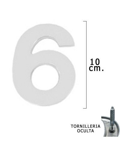 Numero Metal "6" Plateado Mate 10 cm. con Tornilleria Oculta (Blister 1 Pieza)