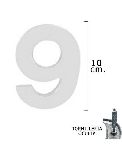 Numero Metal "9" Plateado Mate 10 cm. con Tornilleria Oculta (Blister 1 Pieza)
