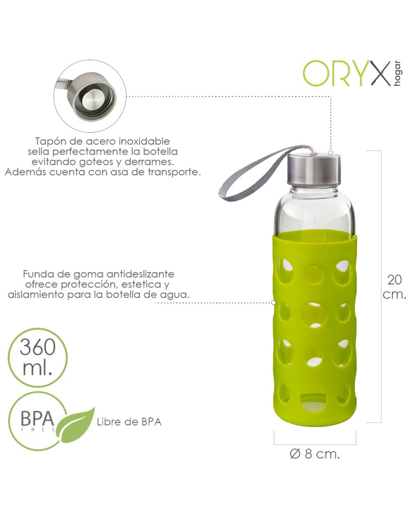 Botella Agua de Cristal, Capacidad De 360 ML. Libre BPA, Con Funda Goma y Tapon Antigotas