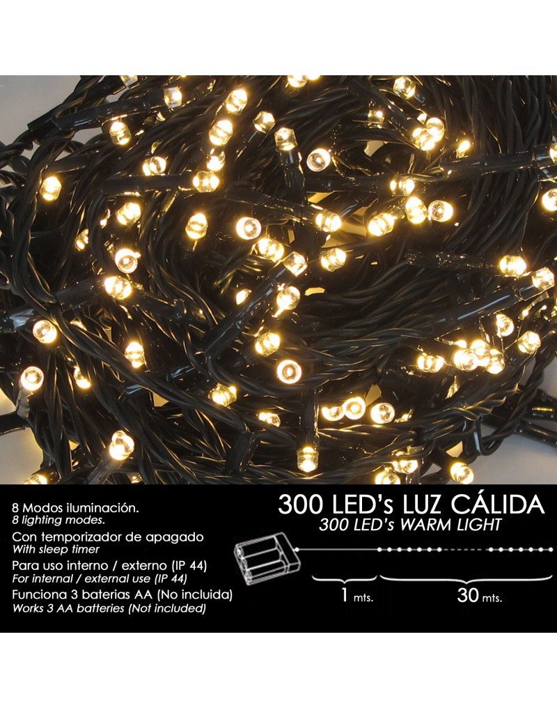 Luces Navidad A Pilas 300 Leds Luz Calida Interior / Exterior (IP44)