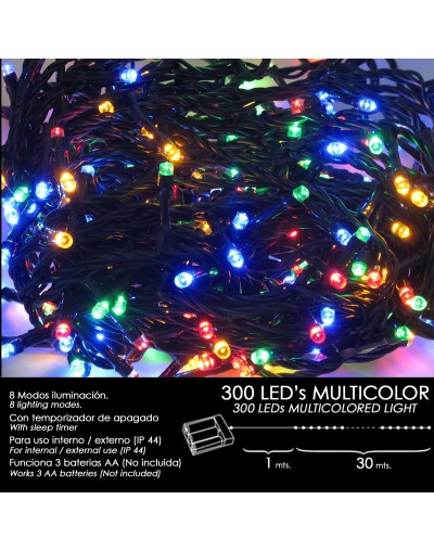 Luces Navidad A Pilas 300 Leds Multicolor Interior / Exterior (IP44)